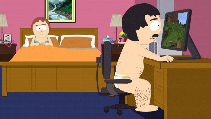 Randy Marsh sitting at a computer.